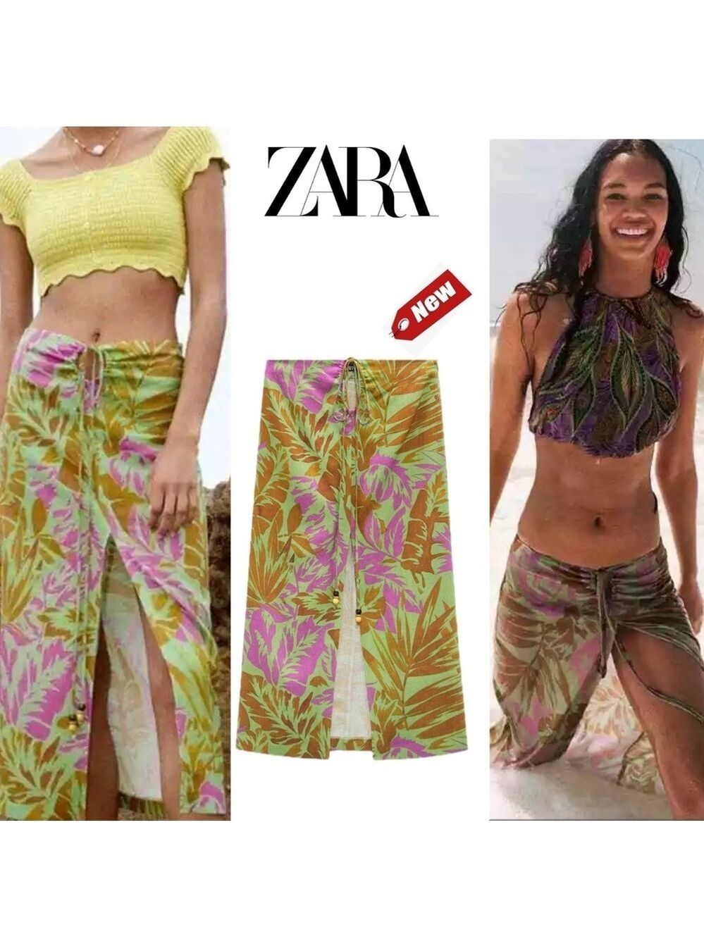 Zara green brown purple leaf print tropical front slit beaded linen tie skirt L